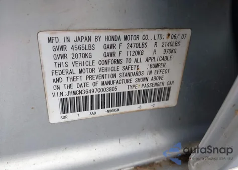 2007 Honda Accord Hybrid z USA, uszkodzony, nr VIN JHMCN36497C003805